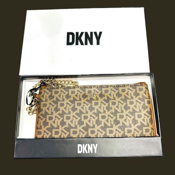 Dkny Womens Wristlet Bag Leather Signature Logo Brown Tan Boxed Nwt - Picture 1 of 6